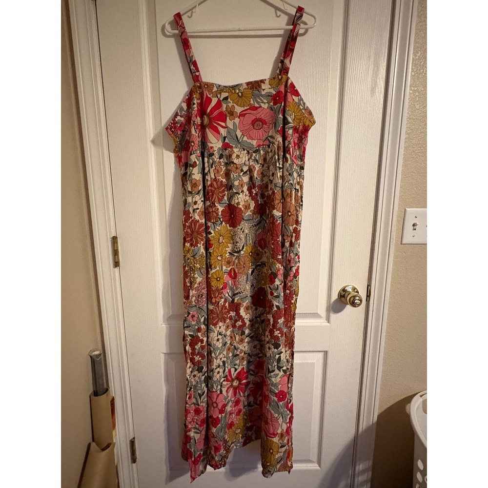 Natural Life Maxi Dress Womens XL Floral Pink Yellow Excellent Boho Pockets